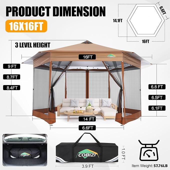 COBIZI 14x14 Pop Up Gazebo Tent with Mosquito Netting, Gazebos on Clearance, Hexagonal Outdoor Canopy Shelter, Patented Center Lock 6-Sided Portable Gazebos, Pop Up Canopy Tent for Backyard, Brown