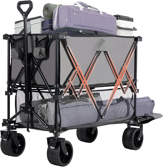 DUMOS 440LBS Heavy Duty Double Decker Wagon Cart with Extender, 400L Large Capacity Collapsible Folding Wagons with Brakes, Adjust Handle, All-Terrain Big Wheels for Garden Shopping Camping - Grey