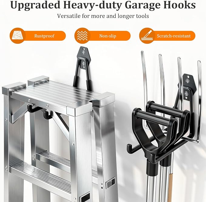 Housolution Steel Garage Hooks - 18Pack Anti-Slip Coating, Heavy Duty Wall Mount Hooks for Bikes, Garden Tools, Ladders, Hose, Bulk Items Ropes, Garage Tool Organizer with Extension Cord Wrap, Black