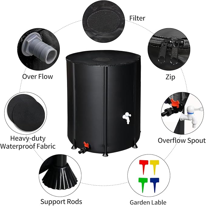 132 Gallon Folding Rain Barrel Water Tank, Portable Water Storage Tank, Rainwater Collection System Downspout, Upgraded Water Catcher Container with Filter (Black, 132 Gallon)