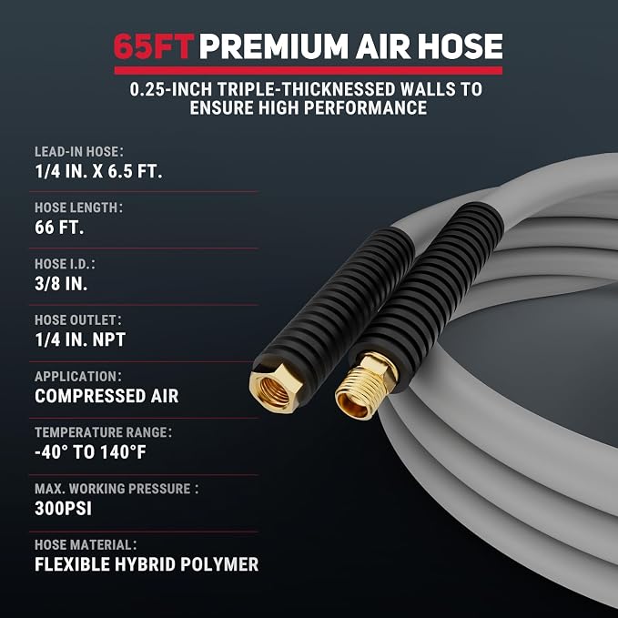 Retractable Air Hose Reel, 3/8" x 65ft Air Hose with Air Blow Gun, Adjustable Length Lock, 180° Rotating Wall Mount Air Tool for Garage and Workshop