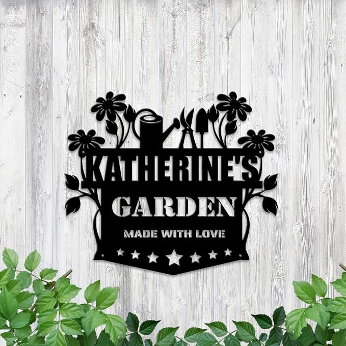 MeMate Garden Sign, Garden Signs for Outdoor Decor, Personalized Metal Signs Garden, Customized Name Wall Art, Large Sign for She Shed Vegetable Garden Porch Deck, Personalized Outdoor Plaques