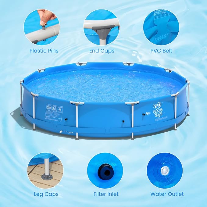 Goplus Above Ground Swimming Pool, 12ft x 12ft x 30inch Outdoor Steel Frame Pool W/Pool Cover, Reinforced Steel Frame, Round Swimming Pool for Backyard, Garden, Patio, Balcony (Blue)