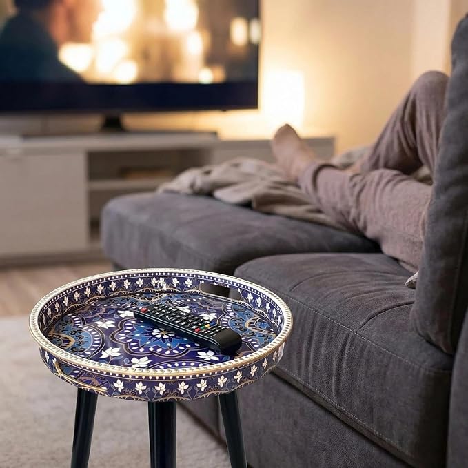Gesodant Plastics Tray with Detachable Three Wooden 17.7 Inch Legs, Versatile Side Table with Tray Design, Perfect for Coffee, Tea, and Relaxation Time- Bohemian-Style (Purple Blue Flowers)