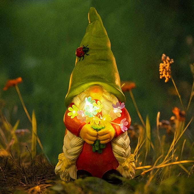 Solar Garden Gnome Lady Statues Outdoor Gnomes with Flowers Lights Fall Porch Patio Lawn Yard Decoration - Ideal Christamas Gardening Birthday Gifts for Woman Mom