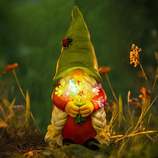 Solar Garden Gnome Lady Statues Outdoor Gnomes with Flowers Lights Fall Porch Patio Lawn Yard Decoration - Ideal Christamas Gardening Birthday Gifts for Woman Mom