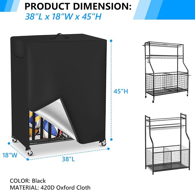 Basketball Rack Cover Garage Sports Equipment Organizer Cover for Ball Storage Rack Waterproof & Dustproof Sports Organizer Bag 38" L x 18" W x 45" H Black