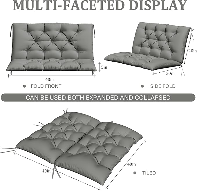 Porch Swing Cushion with Backrest,Waterproof Bench Cushion for Outdoor Furniture,2-3 Seater Replacement Thickened 5 in swing cushion,with Ties,Patio,Outdoor,Backyard and Garden (Light Grey,40x40 in)