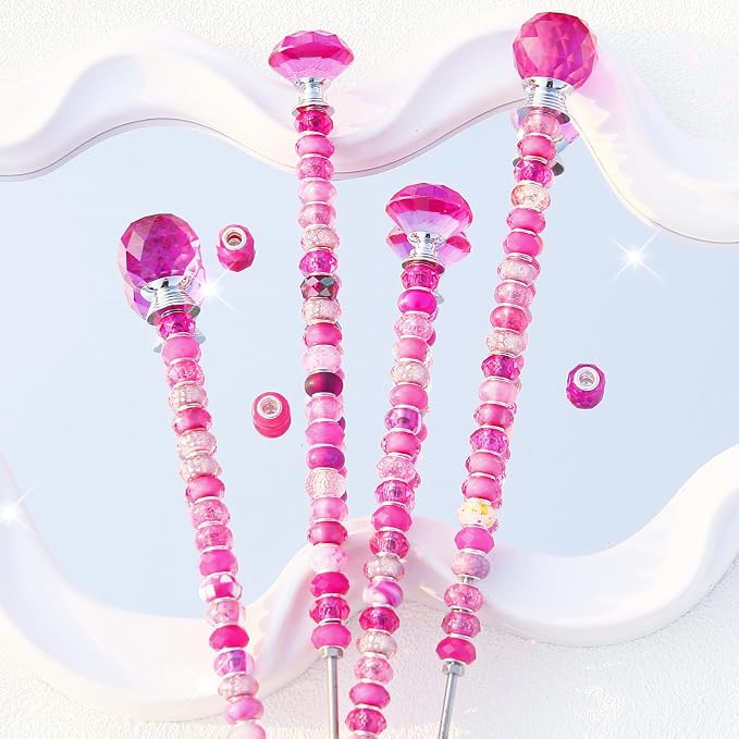 119 Pcs Garden Stake Diy Fairy Wand Plant Stake with Rose Red Large Hole Beads Crystal Diamond Stopper Top 4 Stainless Steel Threaded Rod Beaded Garden Stakes For Outdoor Indoor Yard Patio Decorations