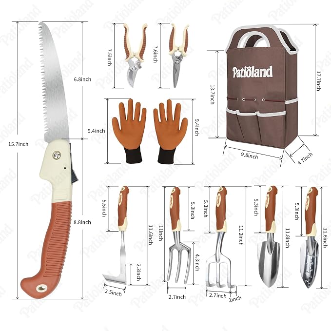 10-Piece Brown Garden Tool Set, Patioland Aluminum Gardening Hand Tools Kit W/Ergonomic Non-Slip Handles,Organizer Tote Bag, Apron, Gloves,Complete Starter Garden Supplies Gardener Gift for Women Men