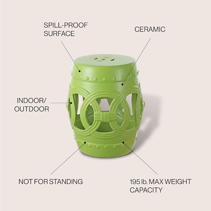 JONATHAN Y Lucky Coins 16" Ceramic Garden Stool, Contemporary Matte Green Cutout Interlocking Rings Drum Indoor/Outdoor Side Table and Plant Stand for Patio, Garden, Living Room TBL1022H