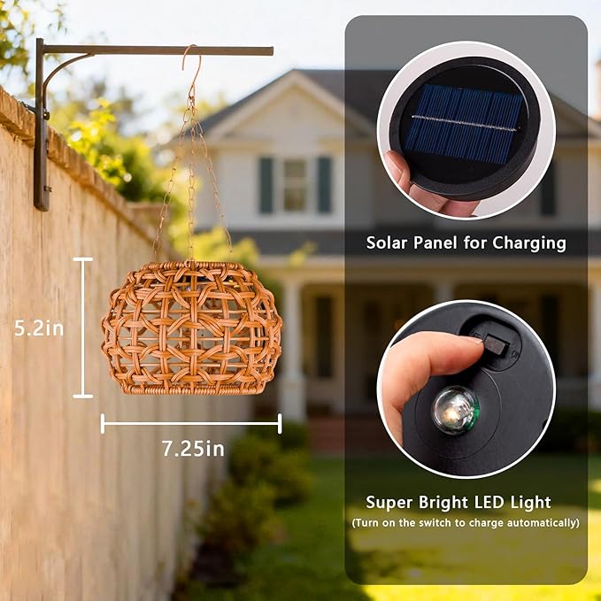 2 Pack Solar Lanterns Outdoor Waterproof, Hanging Solar Lights for Outside with Upgraded Bright LED, Boho Rattan Lantern, Outdoor Chandelier Lights for Garden, Yard, Porch, Patio, Backyard, Gifts