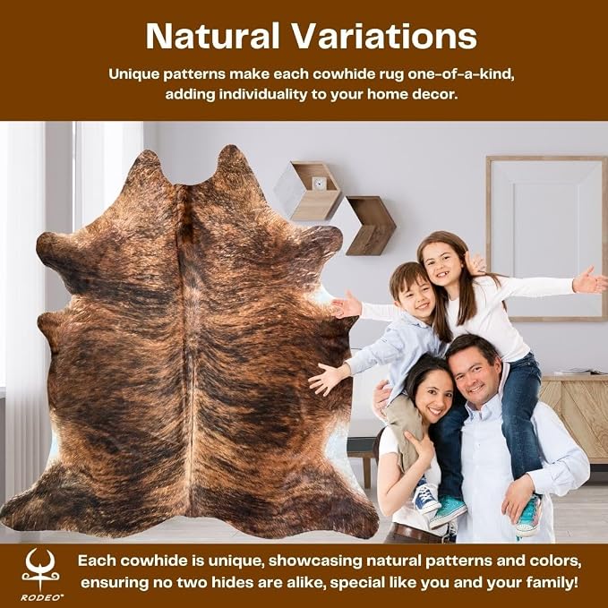 rodeo Genuine Cowhide Rug - Real Cow Hide Rug Large for Living Room & Bedroom - Western Rugs for a Natural Western Home Decor Ambiance - Rustic Cow Print Carpet Decor - 5x7 ft, Brindle