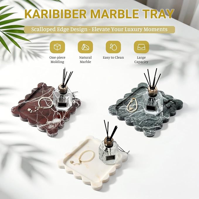 karibiber Calacatta Marble Tray, 8in Golden Small Scalloped Tray, Decorative Trinket Dish, Premium Square Bathroom Vanity Tray for Earrings Rings Necklaces, Unique Stone Jewelry Dish Gift