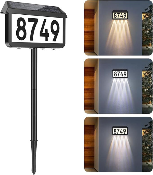 Brightever Solar Address Signs, House Number for Outside Waterproof, 3-Color LED Illuminated Address Plaques with Stake, Wall Mounted Solar Powered Light Up Address Numbers for Houses, 1-Pack