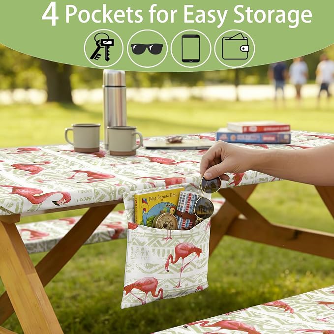 Fitted Waterproof Picnic Table Cover with Bench Covers Heavy Duty Elastic Outdoor Camping Tablecloth for 6 Foot Rectangle Tables Summer Rv Accessories Patio Garden Road Trip Essentials Gifts
