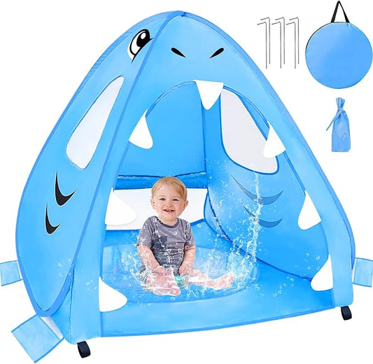 [ Extra High ] Shark Baby Beach Tent with Pool for Toddler Aged 3-60 Months | Pop Up Kiddie Pool Tents Baby Beach Essentials UPF 50+ UV Protection 4 Sand Pockets 3 Mesh Sun Beach Shade Tent for Kids
