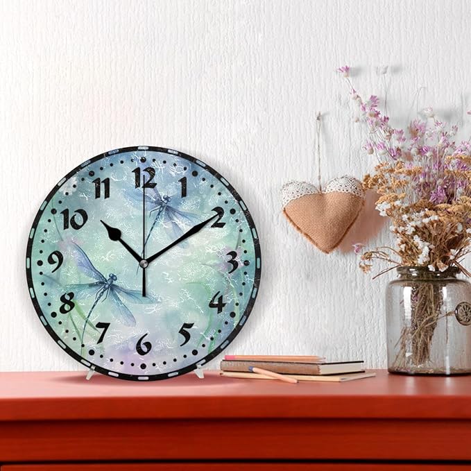 Watercolor Dragonflies Wall Clock, Silent Non Ticking 10 Inch Battery Operated Wall Clocks, Easy to Read Clock for Home Kitchen Living Room Bathroom Office Decor