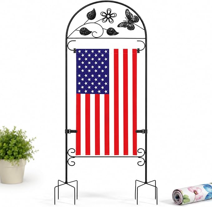 AceList Garden Flag Holder Stand for Outside, Wrought Iron Butterfly Yard Flag Pole Holder with 8-Prong Base & Windproof Velcro Clips, Heavy Duty Garden Flag Stand for 12x18 Flags, Black, (Flag Not Included)