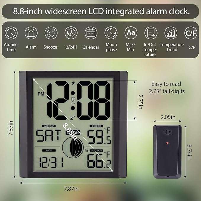 Atomic Wall Clock with Indoor/Outdoor Temp Large Number Display | Wall Clock Battery Operated, Alarm Clock,Silent,Analog,Modern,Digital,for Bedroom Dementia Seniors Desk Office Kitchen