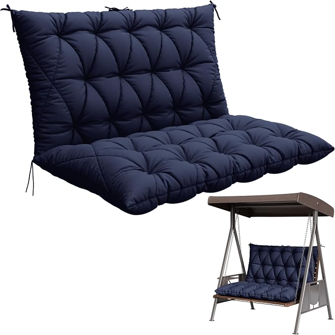 Porch Swing Cushion with Backrest,Waterproof Bench Cushion for Outdoor Furniture,2-3 Seater Replacement Thickened 5 in swing cushion,with Ties,Patio,Outdoor,Backyard and Garden (Navy Blue,47x40 in)