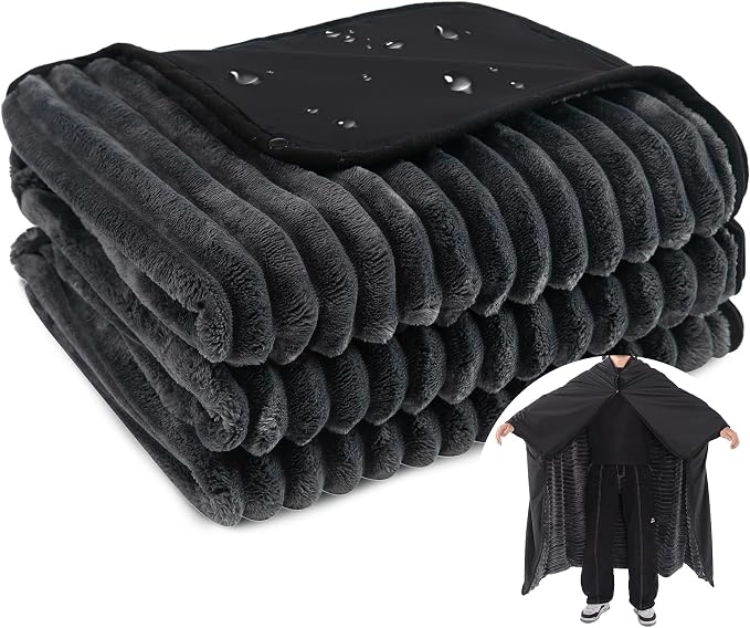 PuTian Waterproof Outdoor Blanket 79"X57" Packable, Stadium & Car Camping Blanket with Corduroy Fleece Lining, Windproof Throw for Picnic Hiking Road Trip, Machine Washable, Black 350GSM