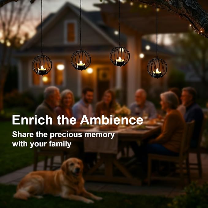 Edenseelake Solar Hanging Lanterns Outdoor Waterproof, Metal Ball Candle Holder with Flickering Solar Powered, Chargeable Solar Lights for Backyard Patio Garden Fence Tree Decoration, 4 Pack