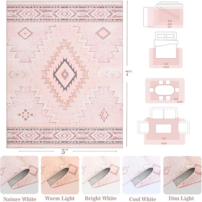 Yinhua Pink Rug for Bedroom, Western 5x7 Rugs for Living Room | Moroccan Washable Area Rug Low-Pile, Soft Aztec Rugs Non-Slip, Non-Shedding Carpet for Dining Table Office Nursery