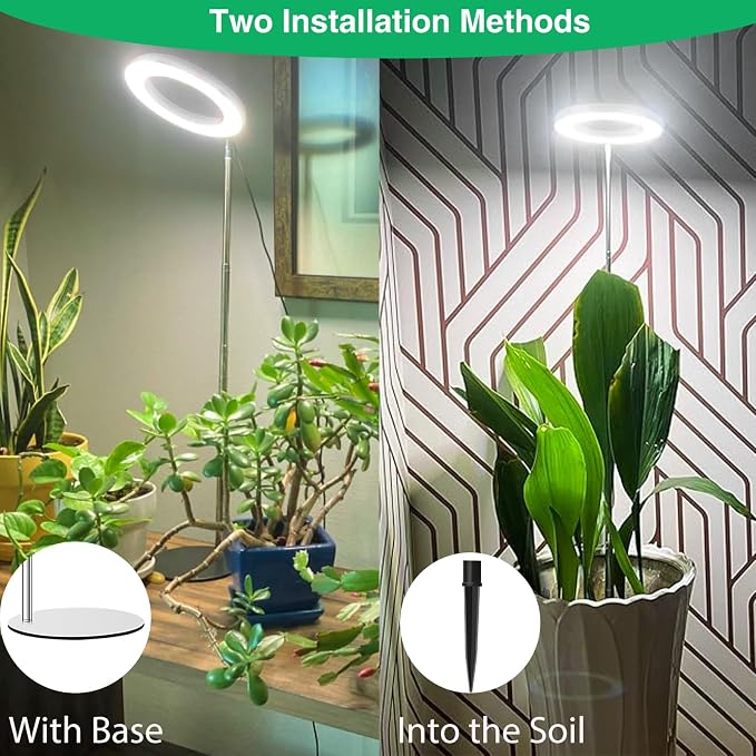 Aokrean 6.3in Halo Grow Lights for Indoor Plants, Full Spectrum with Base | 80 LEDs White 1-Pack, 2 Installation Ways, 9.8-37.4 in Height Adjustable, 3 Lighting Modes, Timer 6/12/16Hrs, 5 Brightness