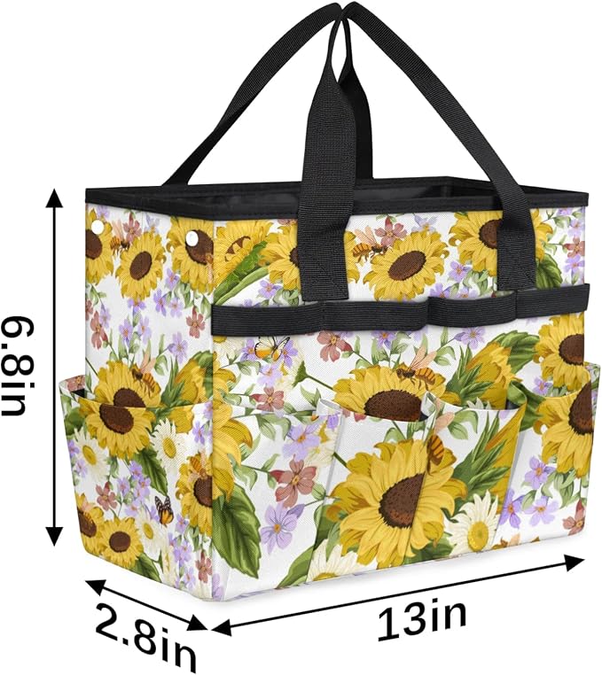 Garden Tote Bag with Pockets Sunflower Gardening Bags for Tools Organizer Heavy Duty Storage Bag with Handle for Lawn Yard Casual