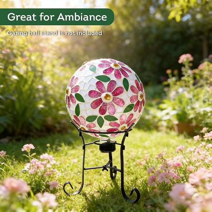 Lily's Home Colorful Mosaic Glass Gazing Ball, Durable Outdoor Reflective Globe - Enhances Yard, Patio, Home Ambiance for Garden Lovers, Vibrant Glass Flower Pattern (10" Diameter)