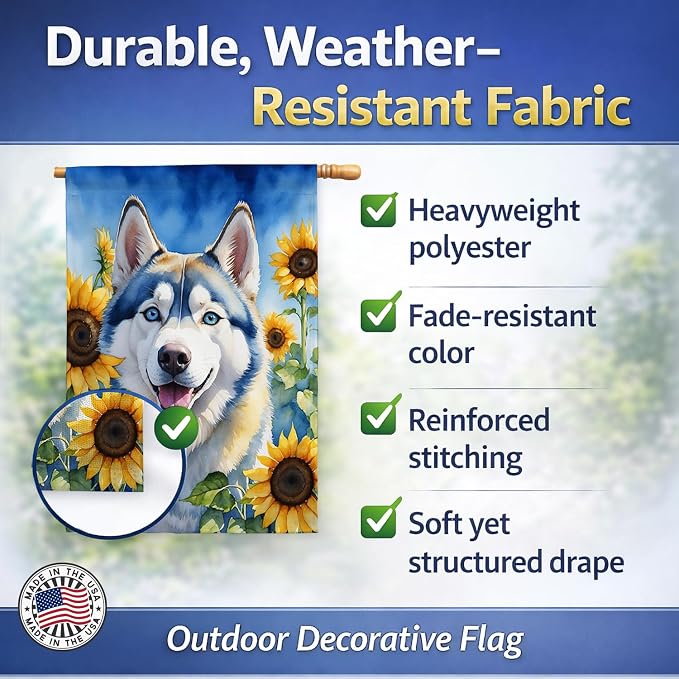 Caroline's Treasures DAC6163CHF Siberian Husky in Sunflowers House Flag Large Porch Sleeve Pole Decorative Outside Yard Banner Artwork Wall Hanging, Polyester, House Size, Multicolor