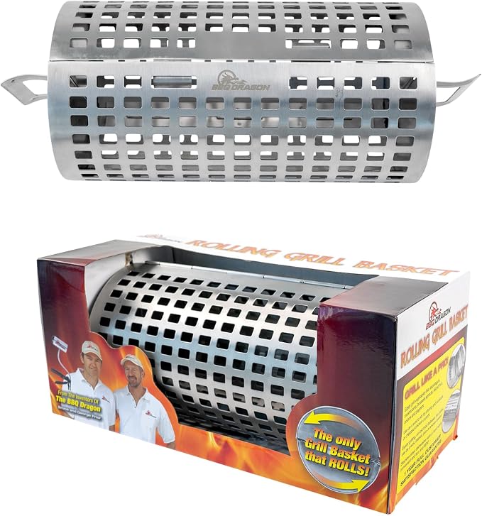 BBQ Dragon Rolling Grill Basket – Large Stainless Steel with Snap-Close Lid, Dishwasher Safe for Vegetables, Fish, and Meat
