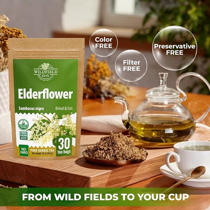 30 Bags Elderflower Herbal Tea (Sambucus Nigra) - 30 Count 1.5g Bags Dried Elder Flowers Herb Tea