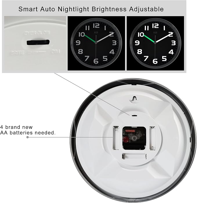 HITO 10 Inch Night Light Wall Clock Battery Operated Brightness Adjustable, Black Metal Frame, Glass Cover(Hands + Numbers Illuminate)