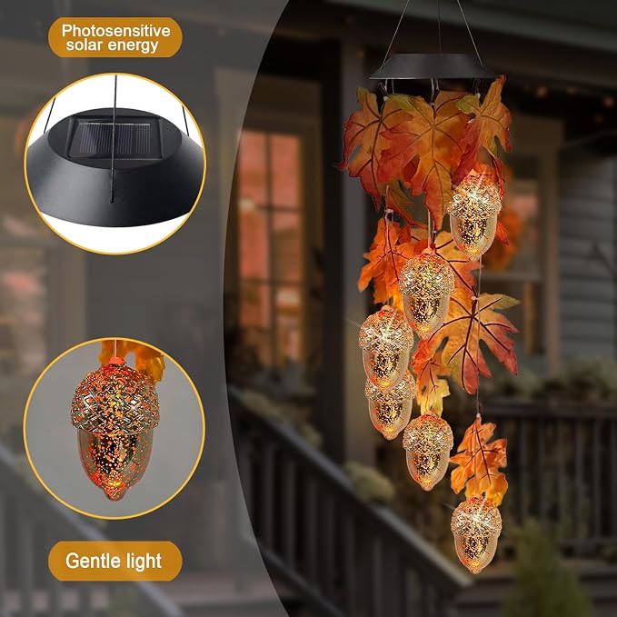 Solar Acorns Wind Chimes for Outside,Oak Leaves Danglers Mobile Lights,Outdoor Hanging Fall Decor for Garden Patio Yard,Thanksgiving Birthday Gifts for Women
