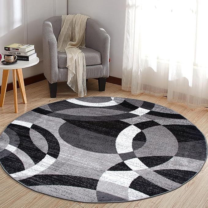 Rugshop Abstract Circles Contemporary High Traffic Round Rug Gray 6'6" | Round, Living Room, Bedroom, Dining Room, Home Office, Kitchen, Entryway, Hallway, Nursery, Kids Room, Guest Room