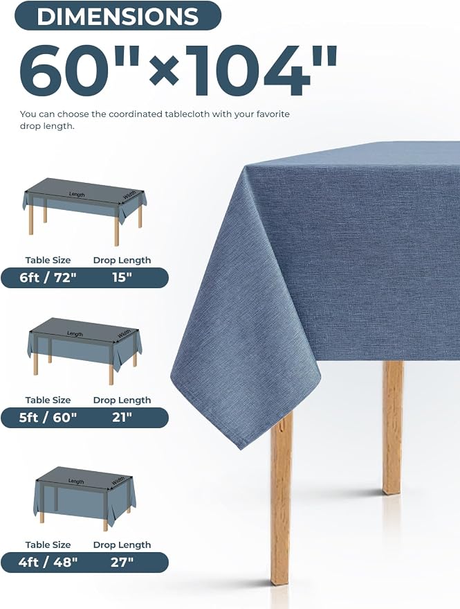 Decorelia Faux Linen Farmhouse Table Cloth 60"x104" for 6 ft Rectangle Table, Denim Blue Waterproof Outdoor Washable Cloth Tablecloth for Rectangular Dining Room Kitchen Outdoor Party Restaurant Decor