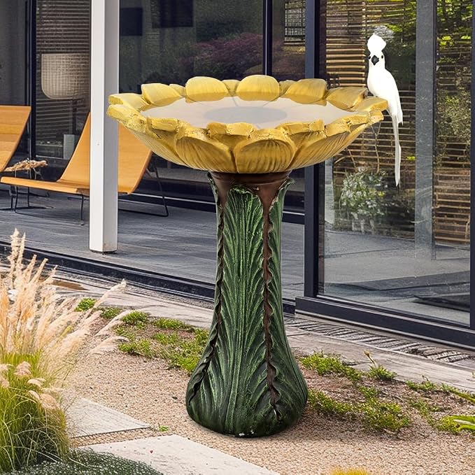 SKYFIRE 24.4” Tall Outdoor Concrete Bird Bath - Sunflower Birdbath Bowl with Green Leaf Pedestal for Garden, Patio, Lawn, Backyard,Outdoor Decor -20”Dia. X 24.4”H Garden Decor Statue Flower Birdbaths