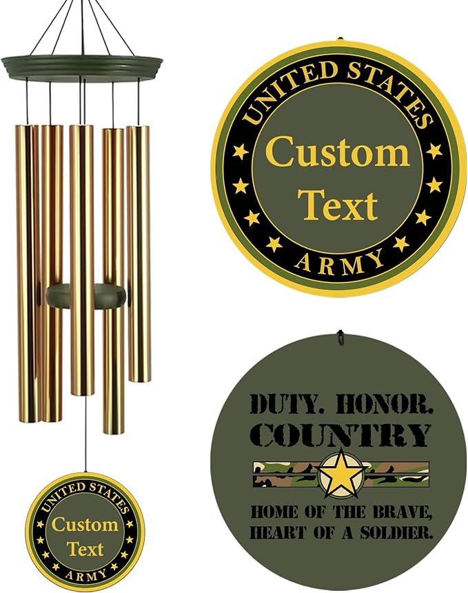 Deep Tone Wind Chimes for Army Soldiers Memory Gifts, Personalized Name/Date/Text Wind Chimes for US Military, Sympathy Gifts for Veteran, Veterans Day Gift(Produced in Texas)