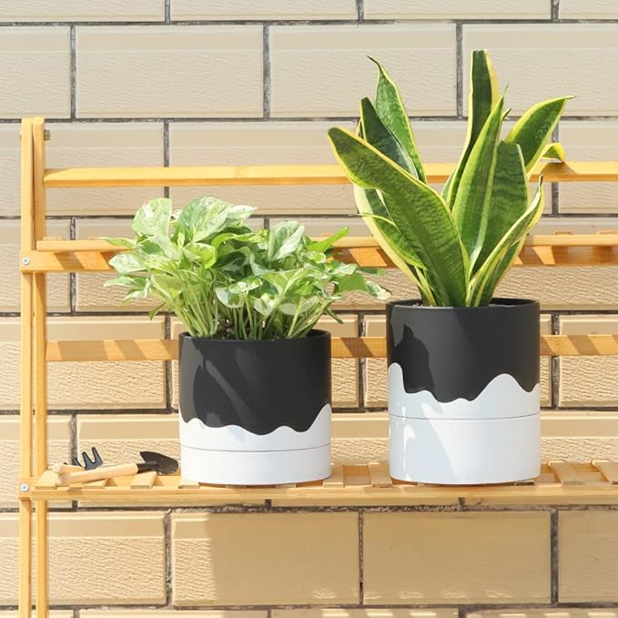 Nihow Ceramic Self Watering Plant Pot for Indoor Plants,6 Inch,Black White | Planter with Cotton Wick, Drainage Hole & Water Storage Plus, Cylinder Round Flower Pot, For Succulent/Herbs/Violets