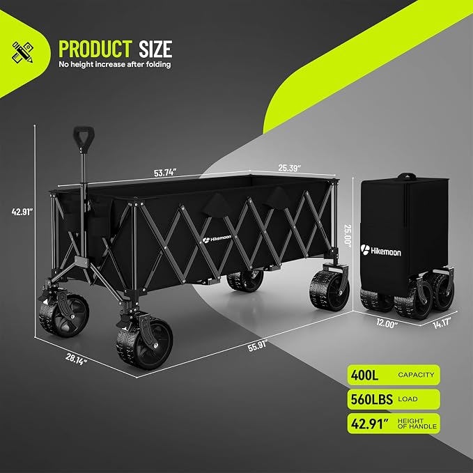 Hikemoon 400L Ultra Large Collapsible Wagon with Big Wheels - Black | Extra Long, Wagons Carts Foldable, Heavy Duty, Utility Folding Cart, All-Terrain, Beach, Camping, Grocery, Sports, Garden