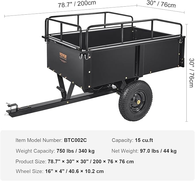 VEVOR Heavy Duty ATV Trailer Steel Dump Cart, 750 lbs 15 Cubic Feet, Garden Utility Trailer Yard Trailers with Removable Sides for Riding Lawn Mower Tractor