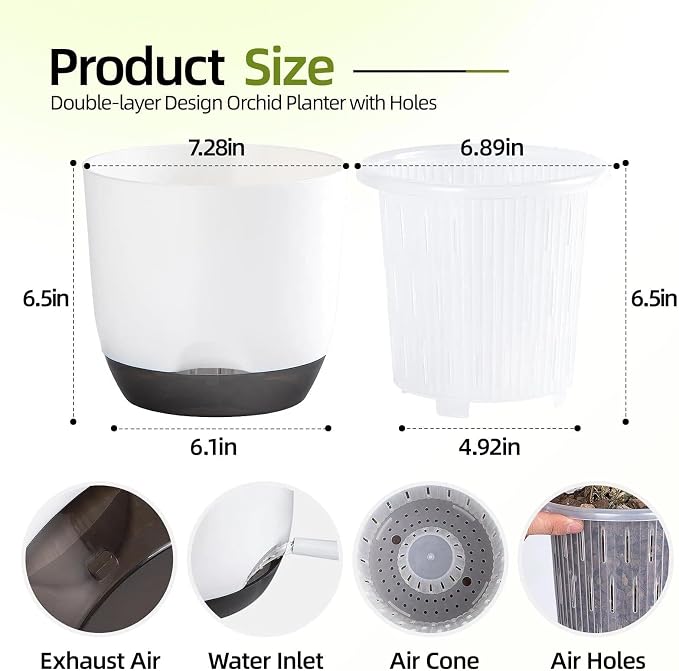 7.2Inch White Orchid Pots with Holes for Repotting, Double-Layer Plastic Self Watering Flower Pots for Indoor Plants with Drainage Holes, Clear Orchid Pot Match Decorative Orchid Container, 1 Pack