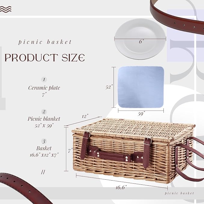Picnic Baskets Wicker Willow Picnic Set for 4 Persons with Insulated Cooler Bag and Waterproof Blue Picnic Blanket Gift for Christmas Thanksgiving Wedding Birthday Camp Outdoor Beach Travel