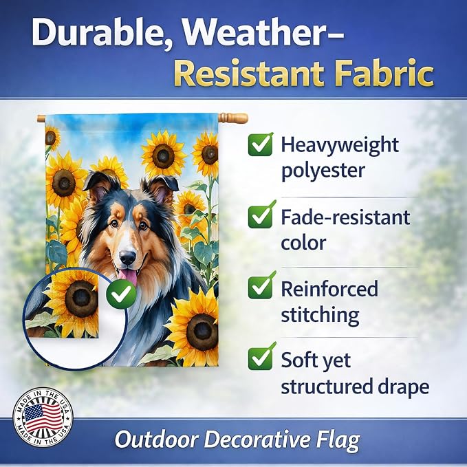 Caroline's Treasures DAC6061CHF Collie in Sunflowers House Flag Large Porch Sleeve Pole Decorative Outside Yard Banner Artwork Wall Hanging, Polyester, House Size, Multicolor