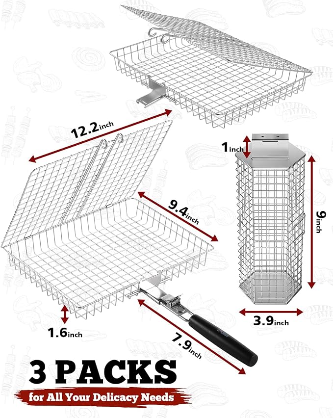 Grill Baskets for Outdoor Grilling, 3PCS Grilling Baskets with Removable Handle, Stainless BBQ Accessories for Vegetables, Fish, Shrimp, Outdoor Camping Cooking Tools Gifts for Men Dad