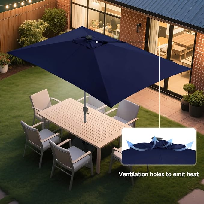 6.5x10 FT LED Lighted Rectangular Solar Patio Umbrella, Rectangular Solar Umbrella Outdoor with Center Ring Light 28 LED Lights, Rectangle Table Umbrella for Deck, Yard, Pool (Navy Blue)
