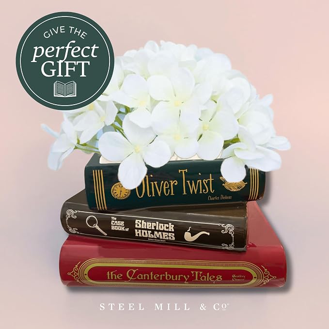 Steel Mill & Co Original Small Book-Shaped Decorative Planter, Ceramic Planter for Home Decor, Bookshelf Decor, or Father's Day (Oliver Twist/Sherlock Holmes/The Canterbury Tales)