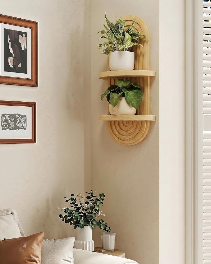Bamworld Boho Wall Decor Plant Wall Shelf Mid Century Modern Decor Hanging 22in Plant Shelf 2-Tier Wooden Floating Shelves Natural